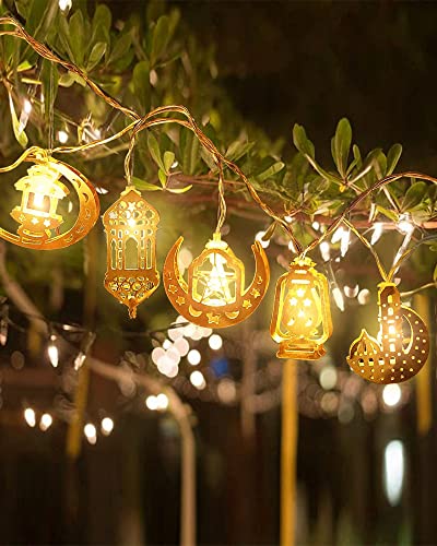 Ramadan Decorations, 10 LEDs Eid Moon Star Kerosene Lantern Lamp 5.41 Feet, Mubarak Moon String Lights, Battery Operated, Ramadan Decorations for Home 2024 Eid Mubarak (Warm White Color) مصباح رمضان - style: Art Deco
