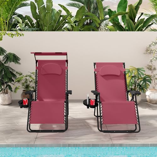 Goplus Zero Gravity Chairs, X-Large Folding Lounge Lawn Chair w/Canopy Shade & Cup Holder, Adjustable Folding Patio Recliner for Pool Porch Deck Oversize (Wine) - color: Wine Zero Gravity Chair