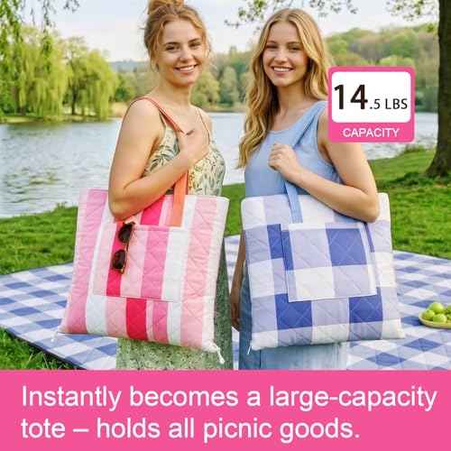 2 in 1 Tote Picnic Blanket Waterproof Outdoor Camping Mat,Large Capacity Beach Blanket 80''x80'' 7 Layers Easy to Foldable and Carry. - color: Pink