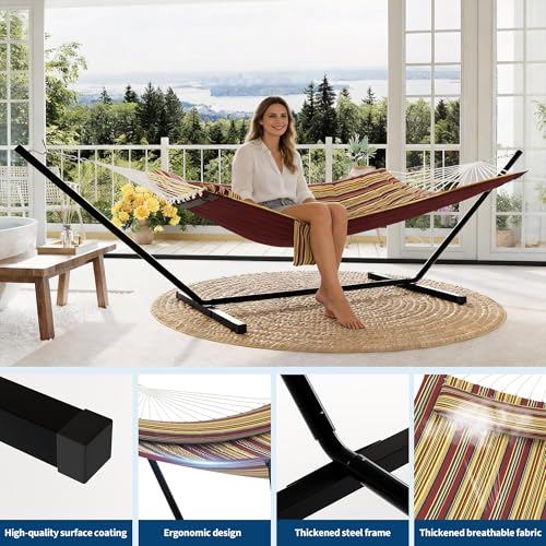 2 Person Double Hammock with Stand & Pillow, 450 LBS Heavy Duty Outdoor Hammock with Balance Rope for Patio Backyard Poolside