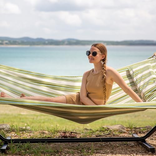 SUNCREAT Portable Double Hammock with Stand, 475 lbs Capacity, Heavy Duty Two Person Hammock with Stand Included, Green Stripe - color: Green&beige, size: 12 ft Stand