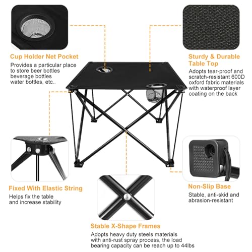 KOCASO Folding Camping Table, 18.5" ×18.5" ×15" Portable Rolling Up Picnic Table, Lightweight & Small Folding Beach Tables with 2 Cup Holders for Outdoor Travel Garden Hiking Beach, 44LBS Max