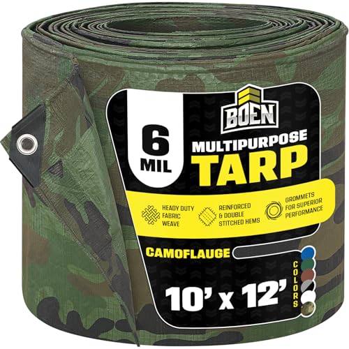 Heavy Duty Tarp Waterproof Large Cover | Camo, 10' x 12' 6 Mil Thick | Rip Proof Tarps | Thick Weave Material, UV Resistant Great for Tarpaulin Canopy Tent, Boat, RV or Pool Cover - color: Camo - 6 Mil, size: 10' x 12'