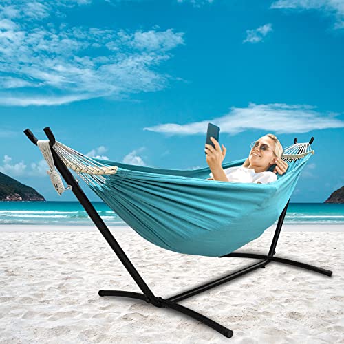SZHLUX Double Hammock with Stand Included 450lb Capacity Steel Stand, Premium Carry Bag Included.Indoor Outdoor Brazilian-Style Cotton Bed for Backyard, Camping,Garden - color: Cyan
