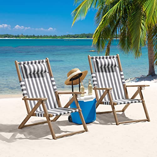 Lavish Home Set of 2 Beach Chair - Outdoor Weather-Resistant Wood Folding Chair with Backpack Straps - 4-Position Reclining Seat - Beach Essentials (Gray) - color: Grey, style: Set of 2