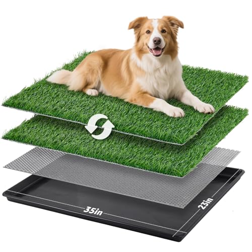 LOOBANI 35x23in Large Dog Litter Box: Dog Grass Pad with Tray with 2×Artificial Grass Pads + 1×Drainage Grate - Quickly Absorbent Portable Patio Potty for Balcony Apartment Indoor Outdoor Use