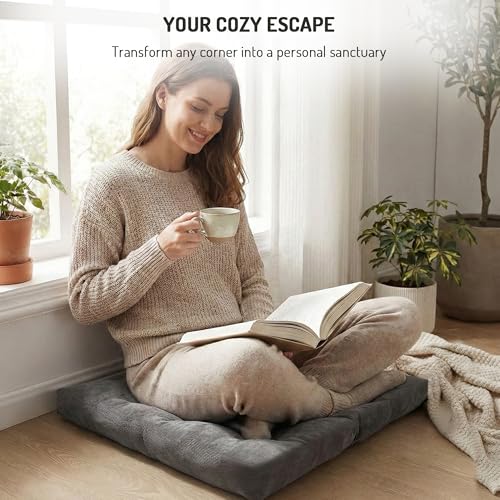 Degrees of Comfort Meditation Floor Pillow, Square Large Pillows Seating for Adults, Gray Tufted Corduroy Cushions for Yoga Reading Nook, Classroom and Living Room, Grey, 22x22 Inch - color: Square | Grey | 1 Pack, size: 1 Pack