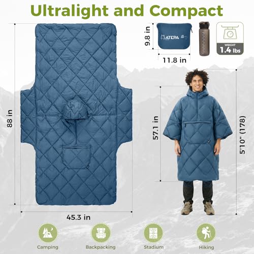 ATEPA Wearable Sleeping Bag, Recycled Water-Resistant Camping Blanket Poncho, Ultralight Packable Stadium Blanket for Outdoor - color: Blue