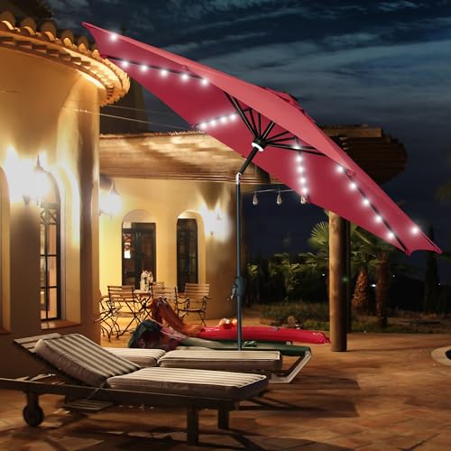 GDY 10Ft Patio Umbrella, Table Umbrella with 40 LED Lights, Outdoor Umbrellas for Patio, with Tilt and Crank, Center Light, for Garden, Deck, Backyard, Pool, and Beach. - color: Red