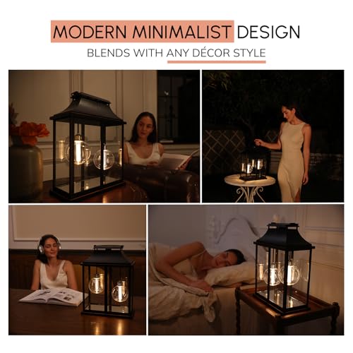 Modern Farmhouse Lanterns, Black Plastic Clear Glass Shade Lanterns Decor –3AA Battery Powered, with 2 G100 LED Vintage Bulbs & Timer(6/18),Ideal for Porch, Patio, Indoor Tables & Mantelpiece.
