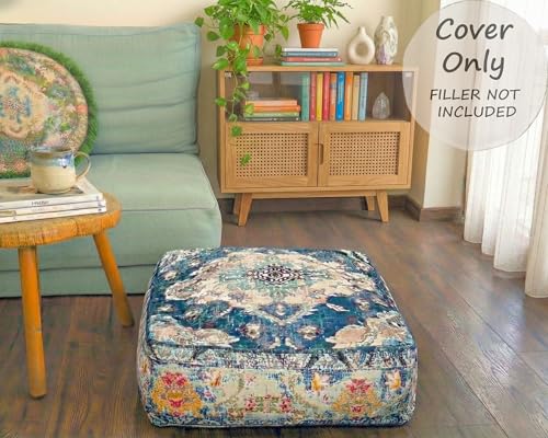 Blue Square Floor Pillow Cover Large Yoga Décor Cushion Moroccan Pouf Ottoman Boho Furniture Perfect for Living Room, Bedroom, Nursary or Children Room Seating Area Beanbag Footstool 24x8 Unstuffed - color: Blue