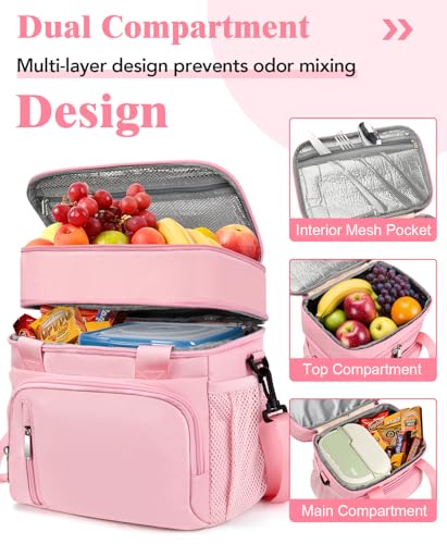 Insulated Lunch Bag for Women, Double Leakproof Lunch Box Soft Cooler Tote with 5 Pockets, 600D Oxford, EVA Lining, Adjustable Strap for Work, Picnic, Beach&Travel-Pink - color: Pink, size: Double
