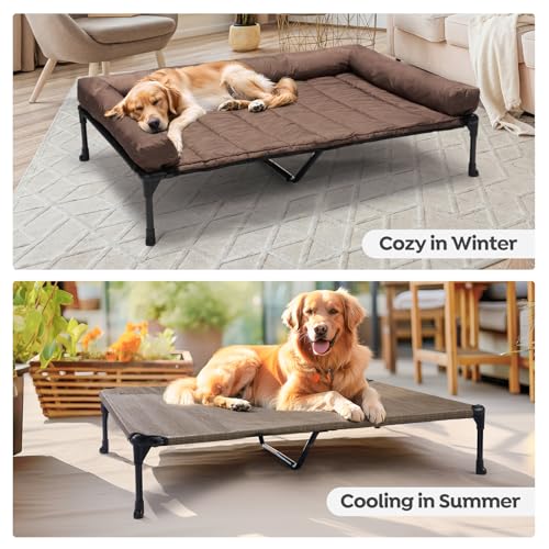 Veehoo Cooling Elevated Dog Bed Add Removable Waterproof Bolster Cushion Mat, Raised Pet Cot with Breathable Teslin Mesh, No-Slip Feet, Dog Sofa Bed for Indoor Outdoor, XXLarge, Brown CWC2331B - color: Brown, size: 59.0"L x 37.5"W x 9.0"Th
