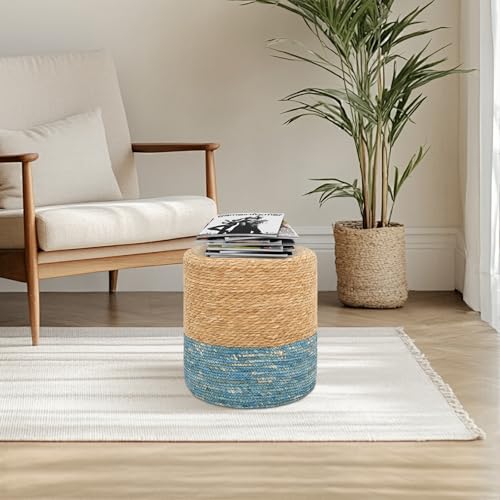 16'' Round Ottoman Natural Seagrass Braided Poof Hand Weaving Round Ottomans Boho Footrest Stool for Home Living Room Bedroom Patio(Natural&Blue) - color: Natural&blue
