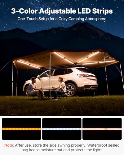 VEVOR 270 Degree Awning with Bulit-in LED Lights, 117 sq.ft Driver Side Vehicle Awning, Waterproof UV50+ Car Side Awnings, All-Weather Free-Standing Overland Awnings Car Shelter for SUV Truck Camping - color: Khaki 270° 18.7*6.4ft Car Awning with LED