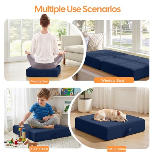 MeMoreCool Square Floor Pillow for Adults and Kids, Large Meditation Cushion with Thick Foam and Washable Tufted Cover, 24-Inch Navy Seat for Yoga and Sitting - color: Navy Blue, size: 24 Inch