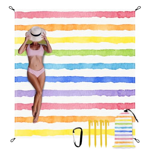 Beach Blanket Waterproof Sandproof Oversized Extra 110" * 118"/ 9 * 10 Ft Sand Free Beach Mat with Stakes, Storage Bag - Essentials for Outdoor Beach, Picnic,Quick Drying Durable - color: Vintage Stripes, size: 9x10 FT (1～8 Person)