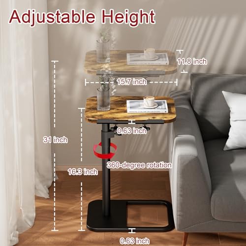Tv Tray Table Adjustable Height Couch Side Table, Tilt Angle Adjustments-360° Swivel/180° Flip-Over Panel C-Shaped End Table With Tablet Slot, Computer Desk for Chair, Living Room (Rustic Brown) - color: Rustic Brown, style: Tilt C Table