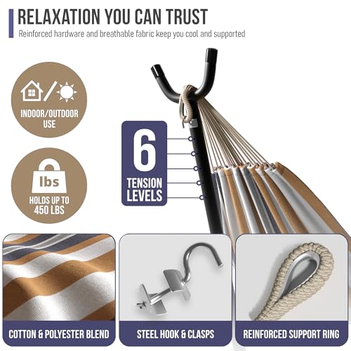 Sorbus 2-Person Hammock with Stand – 60" Cotton Blend Bed, Heavy Duty 450lbs Capacity, Portable with Carrying Case – for Garden, Patio, Outdoor, Camping, Gifts – Washable - color: Desert-brown Blue