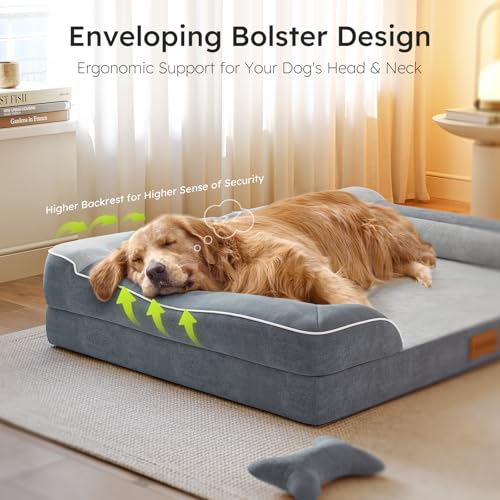 CWAWZ Dog Beds for Large Dogs, Orthopedic Dog Bed with Cooling Gel Memory Foam, Waterproof Large Pet Bed with Removable Washable Cover, 36" Pet Sofa Couch Dutch Velvet with Bone Toy, Dark Gray - color: Dark Grey, size: Large(36"L x 27"W x8.5"Th)