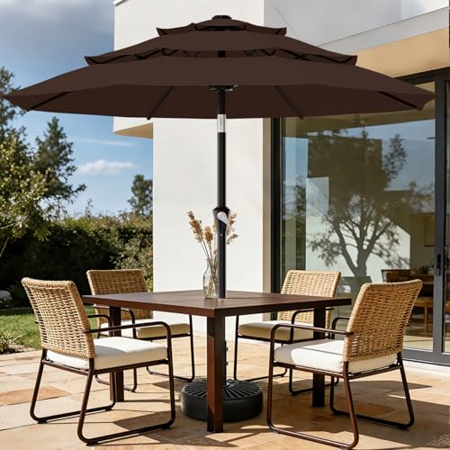 AreShark 9ft 3-Tier Patio Umbrellas, Outdoor Umbrella with 8 Sturdy Ribs UV Protection Windproof, Market Table Umbrella w/Push Button Tilt & Crank for Pool, Porch, Deck, Garden(Brown) - color: Brown