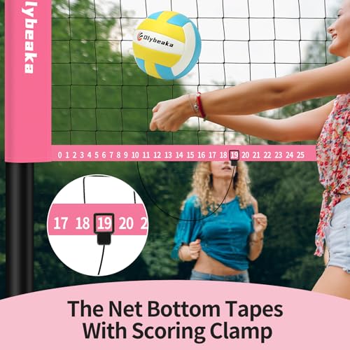 32ft Regulation Size Portable Outdoor Volleyball Net Set System for Backyard Beach with Height Adjustable Poles, PU Volleyball and Pump, Carry Bag, Boundary Line - Easy Set Up & Anti-Sagging - color: Pink