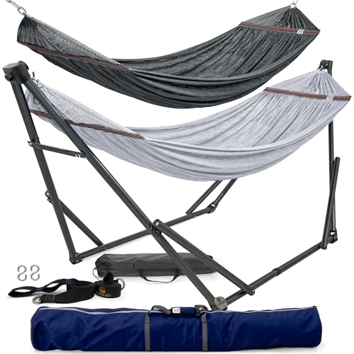 Tranquillo Combo x2 Hammocks with Stand for Outside & Tree Straps, Heavy Duty Hammock with Stand 600lbs for Indoor Outdoor Patio Backyard, x2 Hammocks for 2 Person (Combo - Grey, Medium) - color: Combo - Grey
