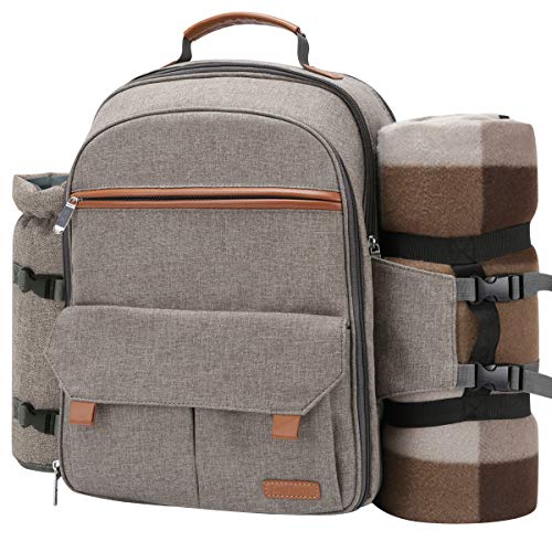 Sunflora Picnic Backpack for 4 Person Set Pack with Insulated Waterproof Pouch for Family Outdoor Camping (Brush Beige) - color: Brush Beige, size: 4 person