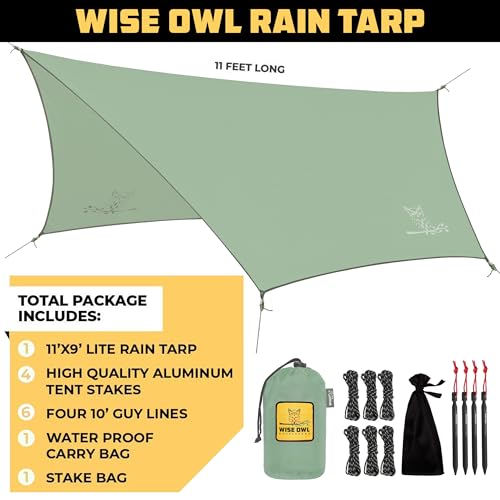 Wise Owl Outfitters Hammock Rain Fly – Waterproof Camping Tarp Cover with Tent Stakes & Carry Bag, Ultralight Shelter for Backpacking & Outdoor Shade - color: Sage, size: Standard (26 oz)