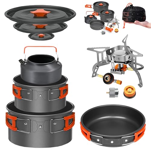 Smokey Camp Camping Cookware Mess Kit Set with Stove - Backpacking Camping Pots and Pans Set, All in One Non-Stick Camping Cooking Set, Portable Stove, Hiking, Picnic, Outdoor & Camping Cookware Set - style: 2.0+3.3 Liter Pot + 1.2 Liter Kettle
