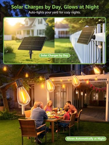 luckystyle 100FT Solar String Lights Outdoor Waterproof 2200K with Remote & USB Charging, 36+2 LED Shatterproof Bulbs, Dimmable & Timable, 3 Light Modes, Long Last for Garden,Patio, Backyard, Camping