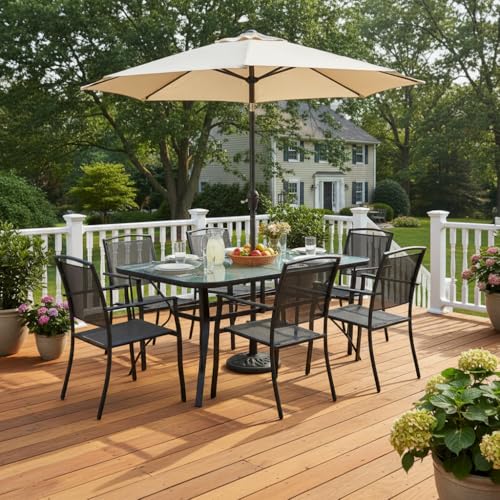 Tangkula 55" Patio Dining Table for 6, Rectangle Outdoor Dining Table with Tempered Glass Tabletop, Umbrella Hole & Metal Frame, 6-Person Outside Dining Table for Backyard, Lawn, Deck & Poolside - size: 55" x 35" x 28"