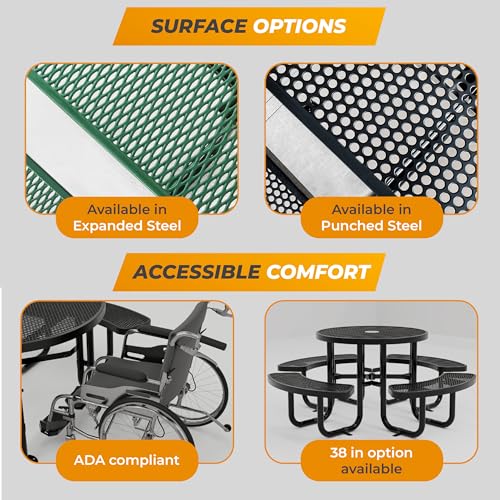 Metal Picnic Tables for Outdoors with Umbrella Hole - Coated Steel Heavy Duty Commercial Grade Furniture Set with Adjustable Seats (Blue, 46 in, Round, Punched Steel) - color: Blue, size: 46 In, Round, Punched Steel