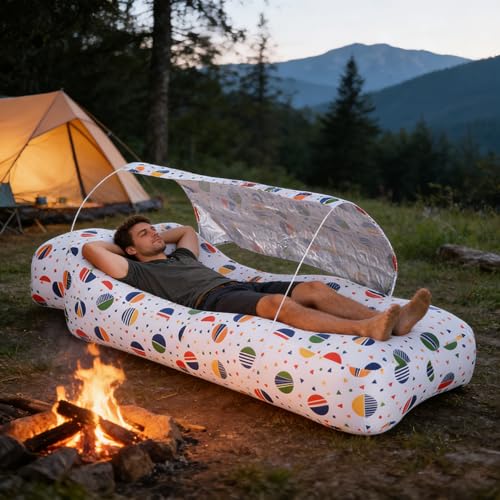 Inflatable Couch,Air Sofa with Sun-Shade Design,Built-in Storage,Ripstop Polyester&Stability Pegs,Portable Air Lounger for Beach,Camping,Easy to Carry,2 Inflation Ways(Included Pump)Pebble Gray - color: Pebble Gray