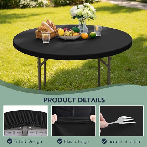 Fitted Table Cloth Round Cover - 6 Pack Elastic Round Tablecloths 48 Inch, Black Non-Slip Reusable Dining Circle Table Protector for Outdoor Picnic, Party, Banquet - color: Black, size: 48 Round, 6 Pack