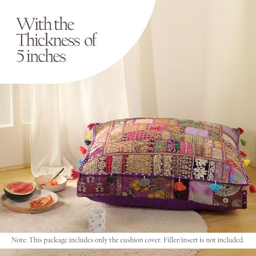 THE ART BOX Cotton Patchwork Vintage Boho Embroidered Floor Pillows & Cushion Cover Dog Pouf Seating Pouf Meditation Pillow Pet Bedding Cat Bed Boho Home Décor (35x35 Inches, Cover Only) - color: Purple