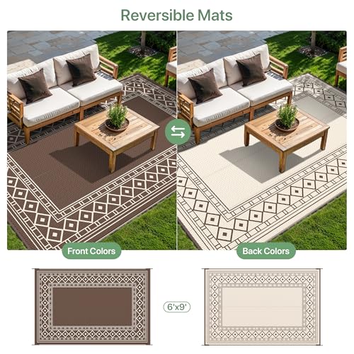 GENIMO Outdoor Rug Waterproof for Patio Decor, 6'x9' Foldable Reversible Plastic Straw Carpet for Travel Trailers, Outside Area Mat for Rv, Deck, Picnic, Porch, Camper, Balcony, Beach, Coffee & Beige - color: Coffee & Beige | Natural, size: 6' x 9' (Recta