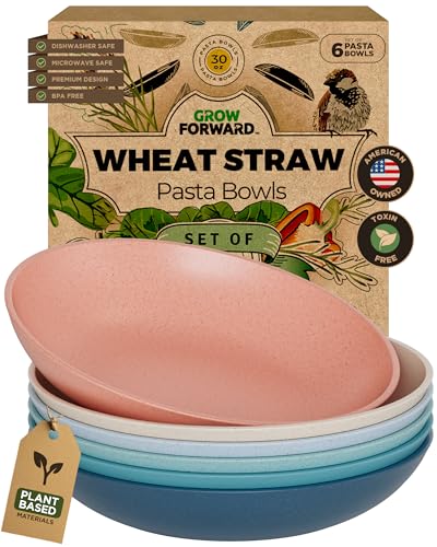 Grow Forward Premium Wheat Straw Pasta Bowls - 30oz Unbreakable Wide & Shallow Dinner Plate Bowls Set of 6 - Microwave Safe Reusable Plastic Pasta Bowls for Kids, Adults, Salad, Camping, RV - Tropical - color: Tropical, size: 30oz