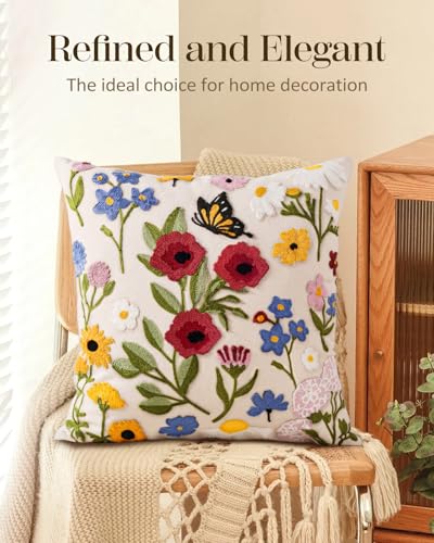 Embroidered Throw Pillow Cover 18x18 Inch - Spring Summer Boho Decorative Pillow Cover with Zipper for Living Room Couch Sofa Bed Aesthetic Design Retro Flower Cushion Pillowcase - color: Retro Flower, size: 18" x 18" (Pack of 1)