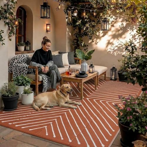 Garvee 6x9 Striped Outdoor Patio Rug Waterproof Reversible Lightweight RV Camping Mat for Porch, Deck, Beach, Backyard, Balcony, Lawn, Garden, UV Protected Modern Striped Outdoor Rugs, Orange&White. - color: Orangewhite, size: 6' x 9' (Rectangular)