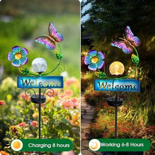 Butterfly Garden Decorations for Outside, Solar Waterproof Stake Lights with Welcome Sign for Yard Lawn Patio Pathway, Warm Gifts for Mom Grandma Housewarming (Butterfly) - style: Butterfly