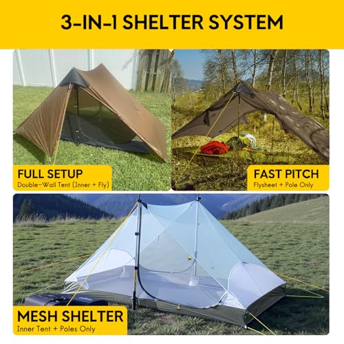 LANSHAN Ultralight Tent 3-Season Backpacking Tent for 1-Person or 2-Person Camping, Trekking, Kayaking, Climbing, Hiking - color: 2-person, khaki