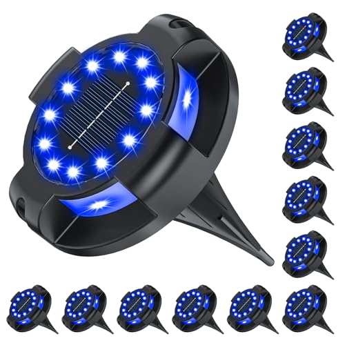 Solar Pathway Lights Outdoor 12 Packs, Bright Blue 16 LEDs Solar Ground Lights Walkway Lights with Side Light, Waterproof Solar Deck Light for Yard Walkway Garden Poolside Driveway Decorations - color: Blue