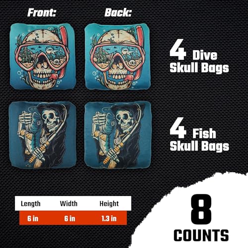 Professional Cornhole Bags Set of 8 - Dual Sided Stick & Slide (Suede/Woven) - Premium Resin Filled Regulation Weight & Size (6x6, 16oz) - Double Stitched Reinforced Seams with Carry Tote - color: Fishing & Diving