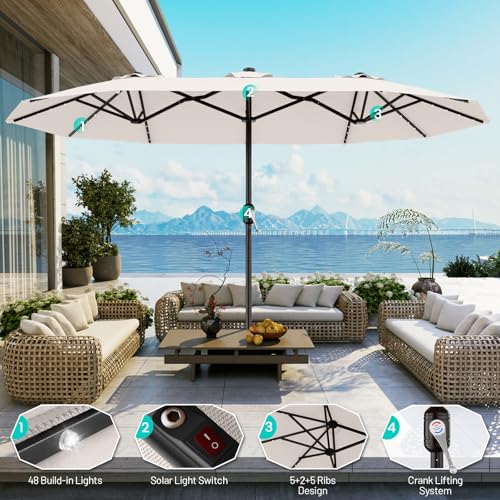 AreShark 15FT Patio Umbrella with Solar Lights, Double Sided Outdoor Table Umbrellas with Crank, Large Rectangular Market Umbrella for Porch, Lawn, Pool, Backyard, Cream-White - color: Cream-White, size: 9x15 Ft