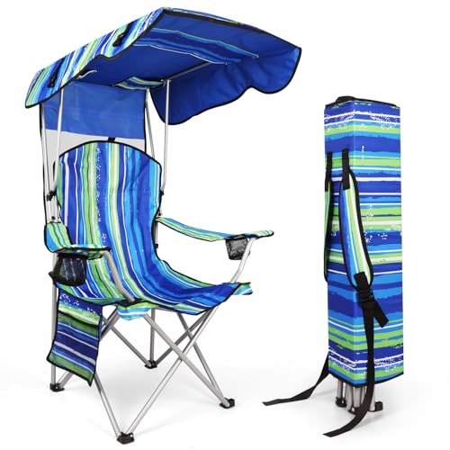 VTOY Portable Camping Chair with Canopy - Folding Chair with Canopy, Durable 600D Oxford Canopy Chair for Camping, Beach, Picnics, Fishing & Sports - color: 1pack Stripe Green