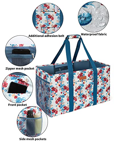 WONDAY Extra Large Reusable Grocery Bag Carrier with Handle, Thirty One Utility Tote Foldable for Shopping and Beach - color: Blue Flower