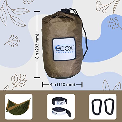 ecox Outdoors Parachute Hammock Single with 2 Tree Straps, Portable Lightweight Nylon Comfortable for Backpacking, Camping, Travel, Beach, Backyard, Patio, Hiking - color: Green-brown