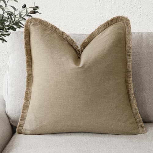 Foindtower Decorative Linen Fringe Throw Pillow Covers Boho Farmhouse Cushion Cover with Tassels Soft Accent Pillowcase for Chair Sofa Bed Living Room Home Decor, 16×16 Inch, 1PC,Light Khaki Taupe - color: Taos Taupe, size: 16" x 16" (Pack of 1)