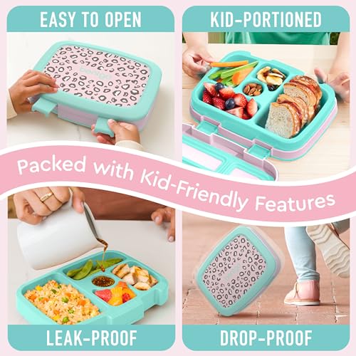 Bentgo Kids Prints Leak-Proof, 5-Compartment Bento-Style Kids Lunch Box - Ideal Portion Sizes for Ages 3-7, Durable, Drop-Proof, Dishwasher Safe, & PFAS & BPA-Free Materials (Leopard) - color: Leopard
